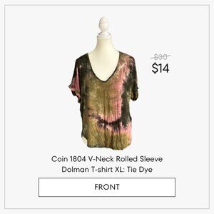 Coin 1804 V-Neck Rolled Sleeve Dolman T-shirt XL: Tie Dye